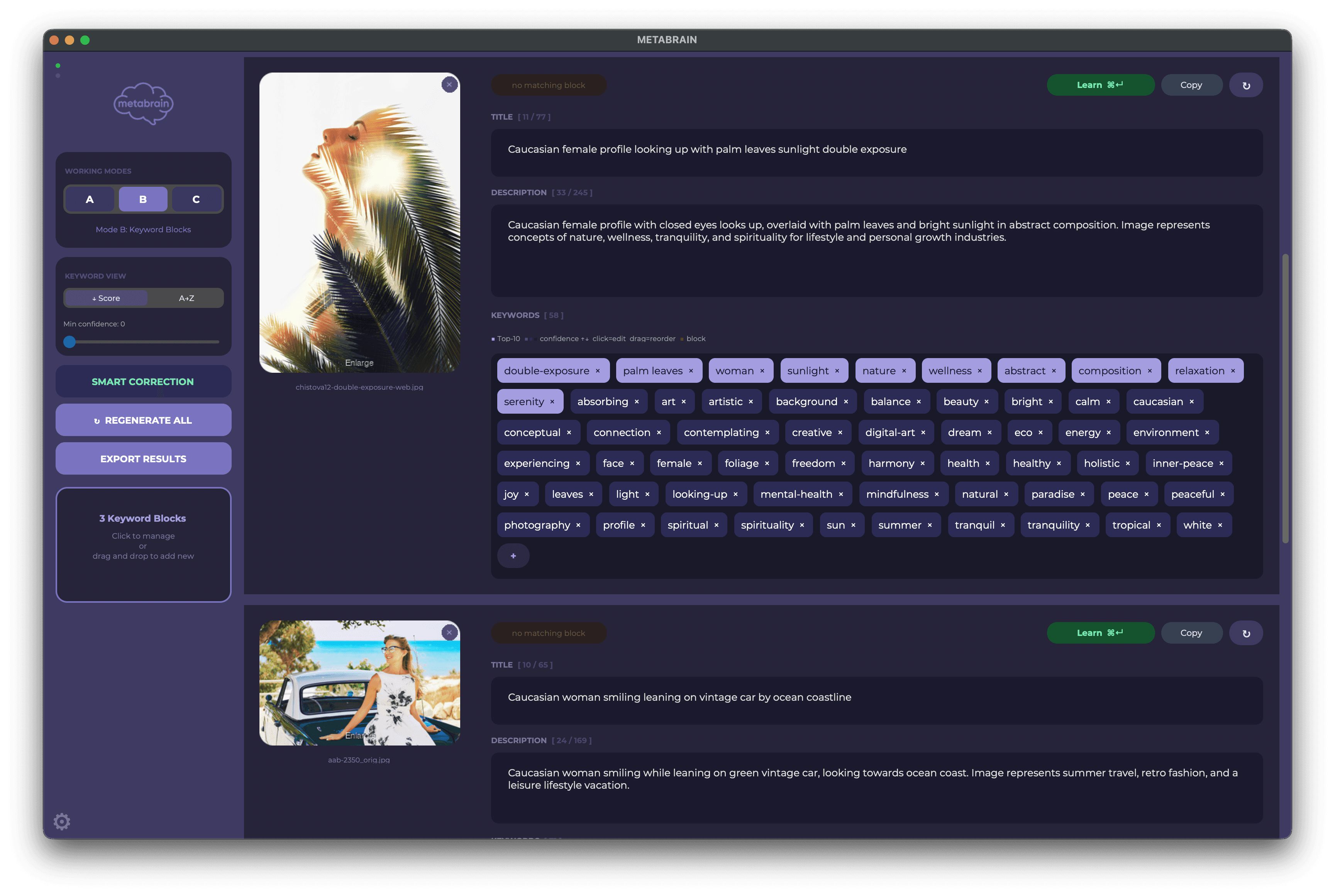MetaBrain — AI keyword generation in action